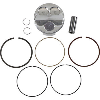 The Piston Kit by JE Pistons includes a forged aluminum piston, wrist pin, two circlips, and four piston rings neatly arranged on a white background.