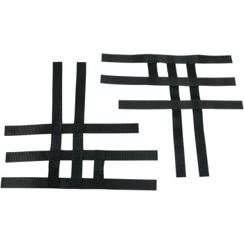 The Honda - Yamaha Nerf Bar Net Black by Motorsport Products features two black nylon grids with intersecting horizontal and vertical straps forming square openings, shown laid flat on a white background.