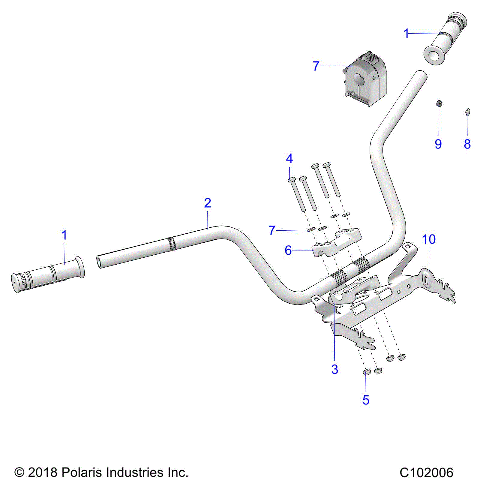 An Image of a Genuine Polaris Parts Schematic Diagram showing the schematic - STEERING: HANDLEBAR and CONTROLS - 2020 POLARIS SPORTSMAN 850 48" TRAIL