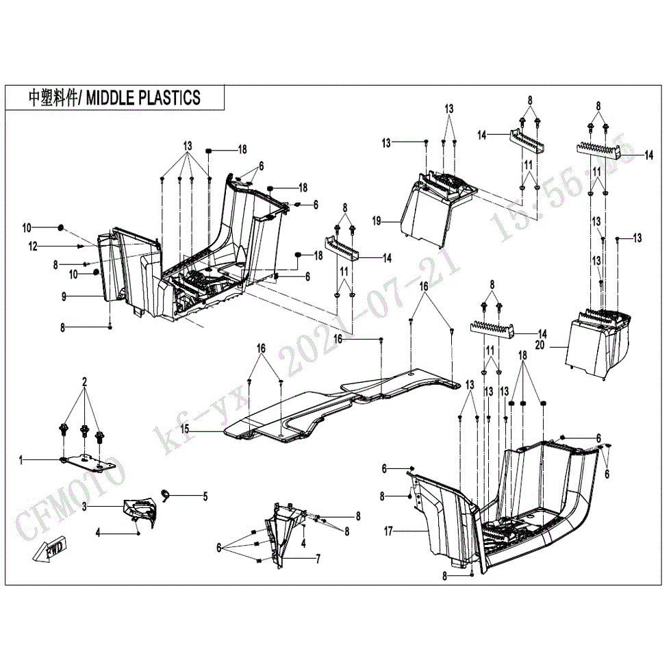 An Image of a genuine CFMOTO Parts Schematic Diagram showing the group - MIDDLE PLASTICS (WITH GEARSHIFT LOCK) - 2022 CFMOTO CFORCE 600 Touring