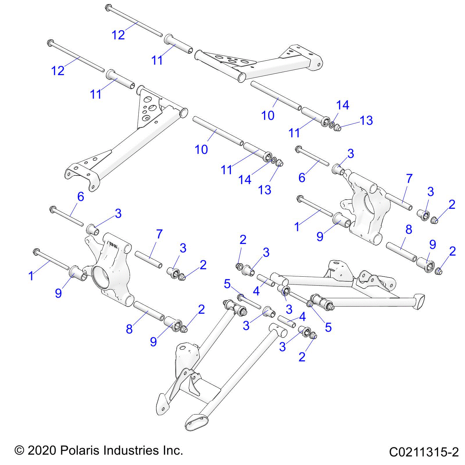 An Image of a Genuine Polaris Parts Schematic Diagram showing the schematic - SUSPENSION: REAR CONTROL ARM MOUNTING - 2020 POLARIS SPORTSMAN 850 / LE 48"