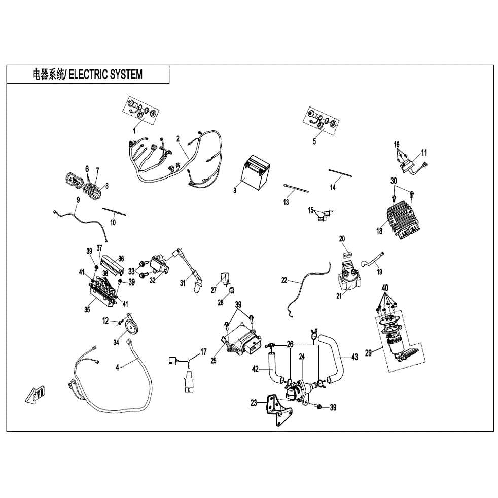 An Image of a genuine CFMOTO Parts Schematic Diagram showing the group - ELECTRIC SYSTEM (WITH FUEL VAPORIZATION SYSTEM) - 2022 CFMOTO CFORCE 400