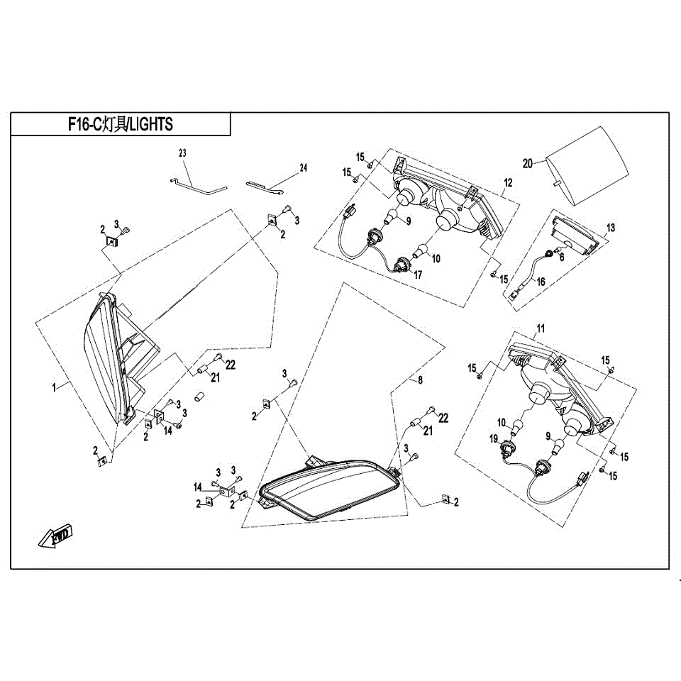 An Image of a genuine CFMOTO Parts Schematic Diagram showing the group - LIGHTS (USA&SUMITOMO) - 2017 CFMOTO CFORCE 800