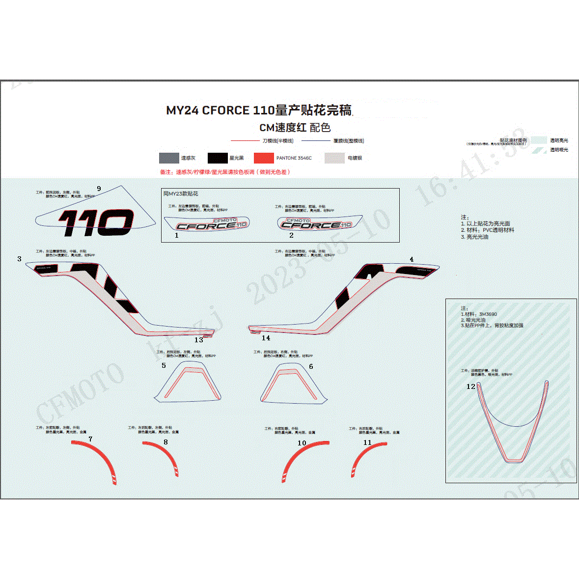 An Image of a genuine CFMOTO Parts Schematic Diagram showing the group - DECAL KITS (ROCKET RED) - 2024 CFMOTO CFORCE 110