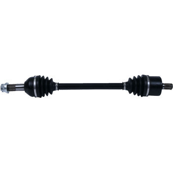 Black metal axle shaft with rubber protective boots on both ends, designed for offroad vehicle use.