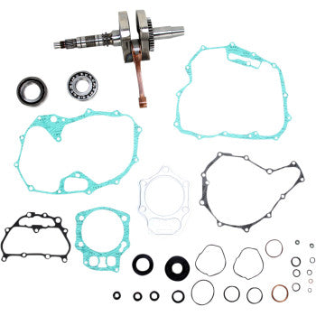 The Honda Crankshaft Kit OE Crankshaft Replacement by Hot Rods includes an OEM-spec crankshaft, Hot Rods connecting rod, gaskets, O-rings, and seals—all neatly arranged on a white background.