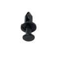 Black plastic rivet with a flat circular head and tapered split shaft for secure fastening.