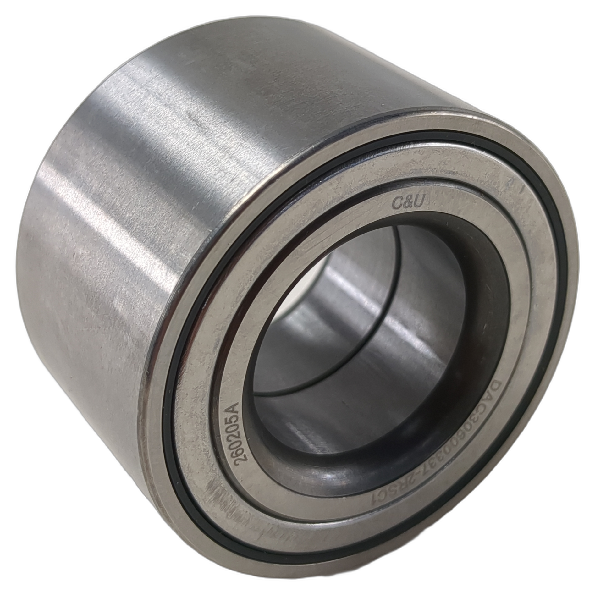 Metal cylindrical ball bearing with inner and outer rings and smooth polished steel finish.