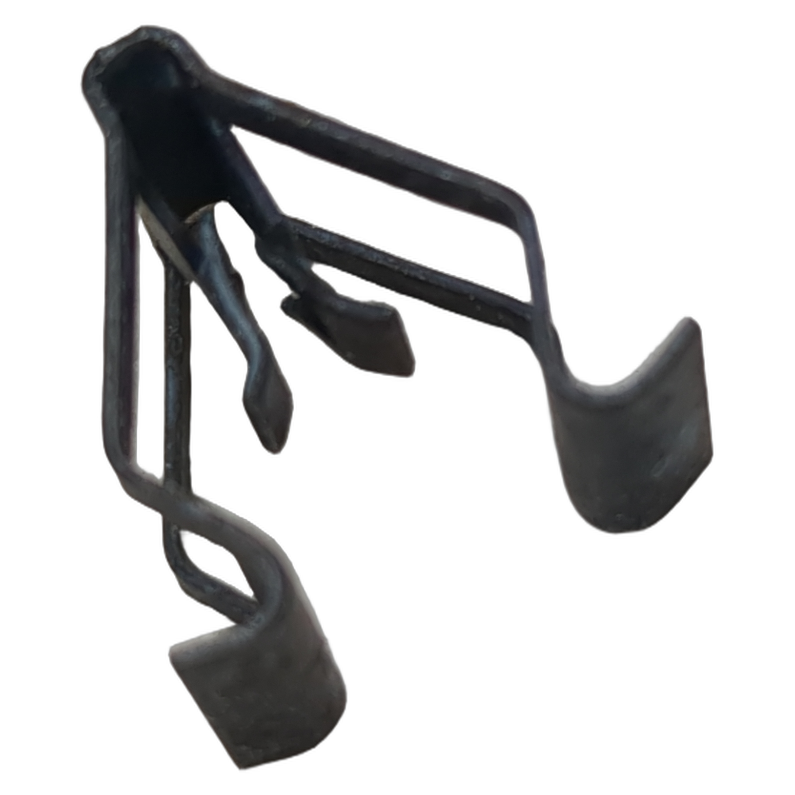 Black metal clip with two bent prongs and flat hooked ends for secure attachment.