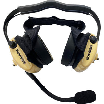 A beige NavAtlas Behind the Head Stereo VOX headset featuring a black headband, cushioned ear pads, and an adjustable built-in noise-cancelling microphone.