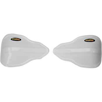 The Hand Guard Cover Plastic White by Maier features white, curved plastic guards with black and yellow Maier logos—ideal for pairing with Enduro Engineering Handguards to boost off-road protection.