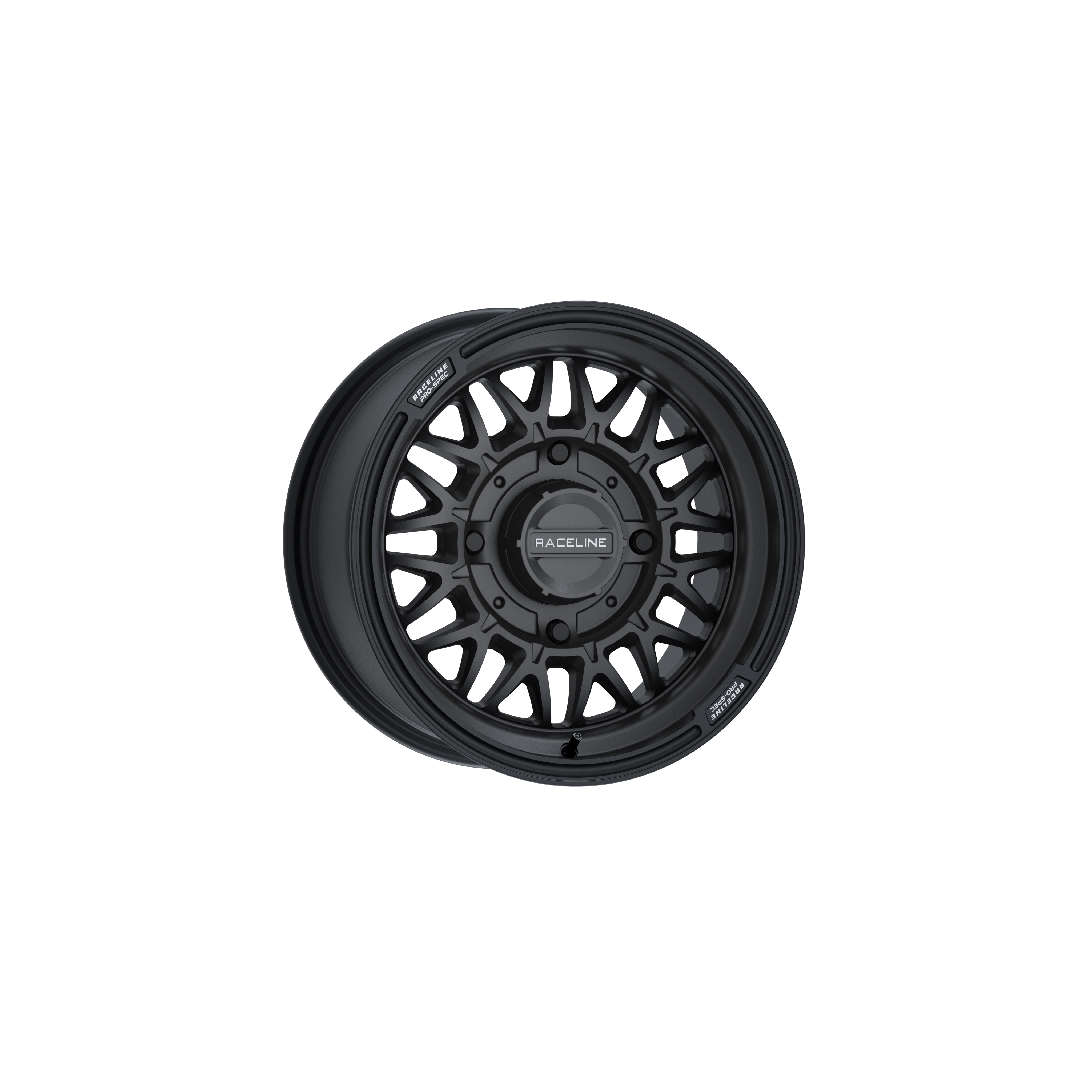 A satin black Raceline Omega 14X7 4/156 5+2 (+10mm) ATV/UTV wheel rim with a multi-spoke design, shown at an angle on a white background.