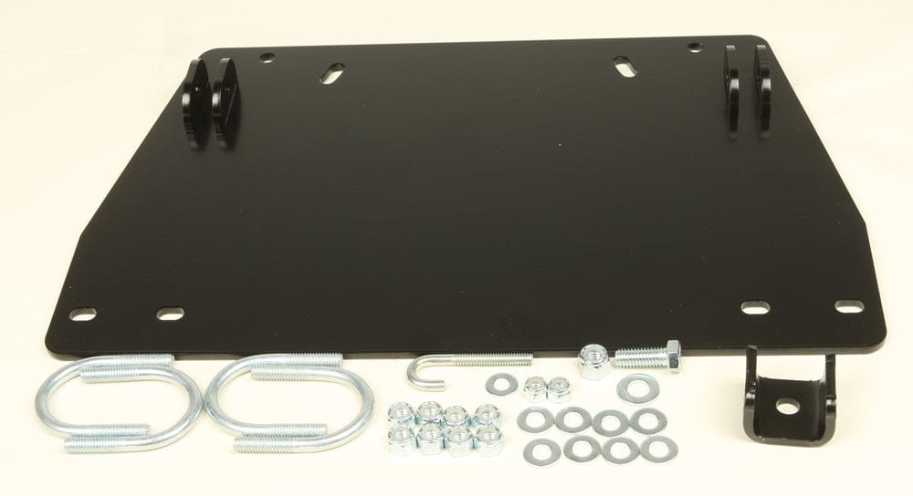 The Yamaha Kodiak, Grizzly Provantage Center Snow Plow Mounting Kit by Warn includes a black metal plate with multiple holes, U-bolts, nuts, washers, and hardware—perfect for ATV snow plowing.