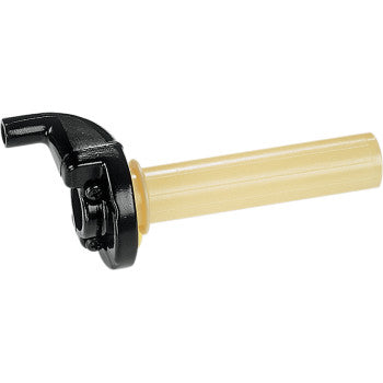 The Honda - Gunner Gasser Throttle Two Stroke by Tmv is a beige plastic grip with a black aluminum housing and built-in cable adjuster, displayed against a white background.