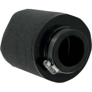 The Pod Air Filter Black Centered by Uni Filter is a seamless cylindrical black foam filter with a metal clamp near the opening, designed for automotive or motorcycle engines to maximize airflow.