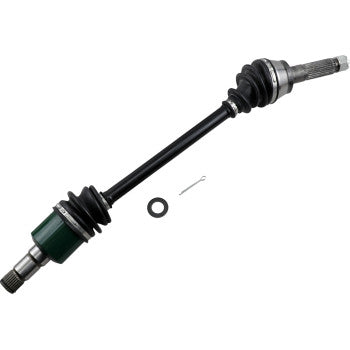 The Polaris Ranger CV Axle Kit Complete OEM Replacement Standard Rear (Left, Right, & Middle) by Moose Offroad features rubber boots at both ends, a durable chromoly steel center shaft, and small metal components, shown on a white background.