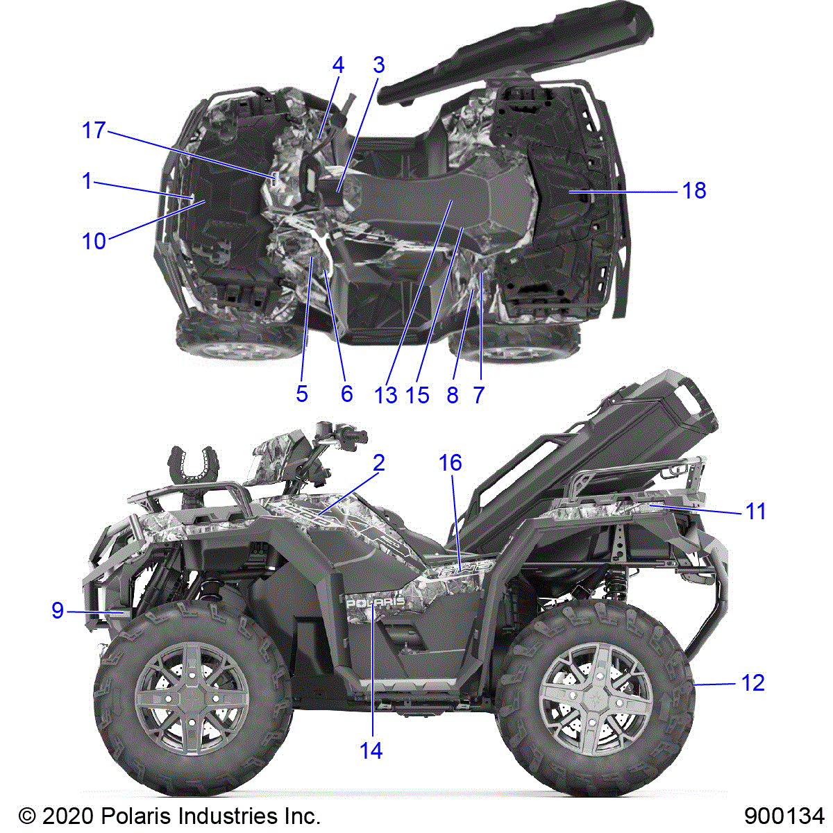 An Image of a Genuine Polaris Parts Schematic Diagram showing the schematic - BODY: DECALS - 2021 POLARIS SPORTSMAN XP 1000 HUNTER EDITION