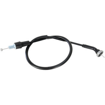 The Honda Black Vinyl Throttle Cable 23 1/4 by Moose Offroad features a durable black PVC jacket, metallic straight and angled ends, and high UV resistance—ideal for motorcycle or bicycle throttle or brake use.