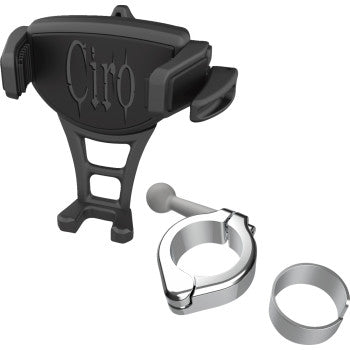 The Phone Holder Constrictor Black Chrome 1 1/8" 1 1/4" Handlebar Mount by Ciro features an adjustable mechanical-grip black mount with a silver bracket and extra spacer, ensuring secure handlebar attachment.