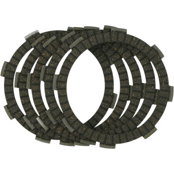 Clutch Plates by Vesrah: Four stacked dark-colored friction plates with textured surfaces, arranged in an overlapping circular pattern on a white background, engineered to meet OEM standards.