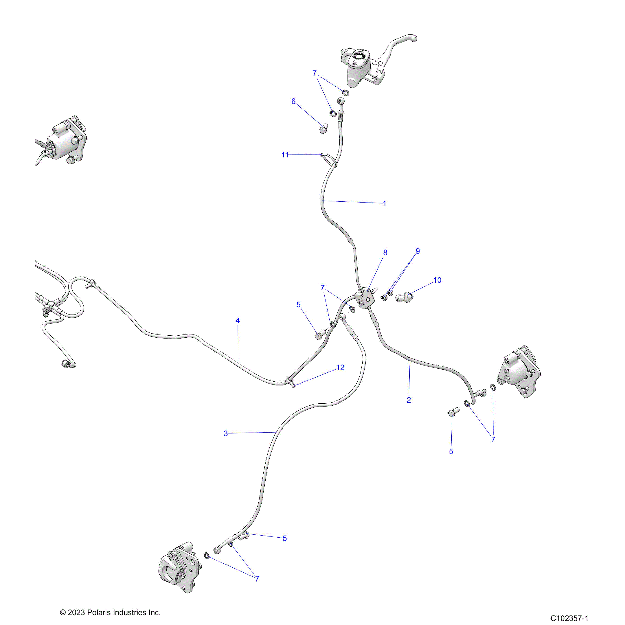 An Image of a Genuine Polaris Parts Schematic Diagram showing the schematic - BRAKES: BRAKE LINES FRONT - 2020 POLARIS SPORTSMAN 570 6X6