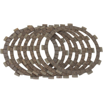 A set of six round Prox Clutch Friction Plates with notched edges are arranged in a slightly overlapping pattern on a white background, designed for easy replacement and maximum performance.