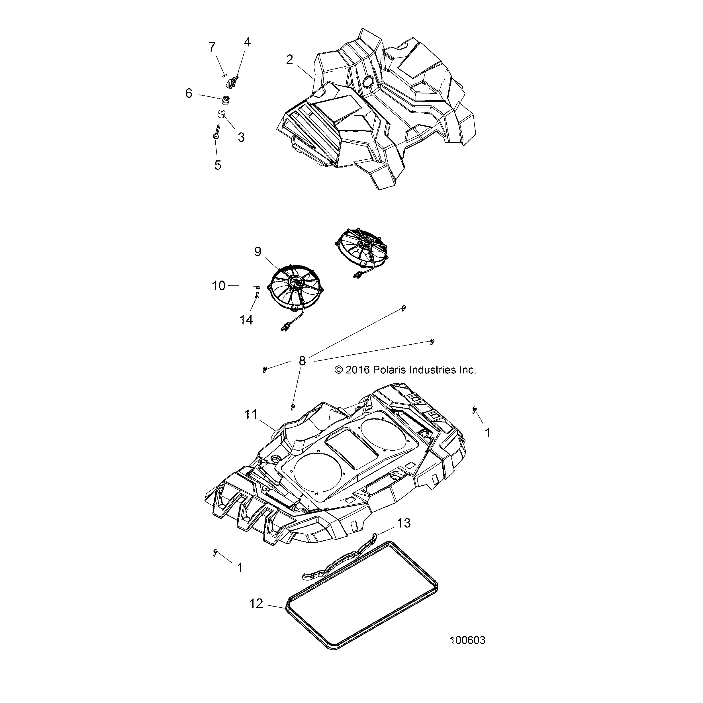 An Image of a Genuine Polaris Parts Schematic Diagram showing the schematic - ENGINE: COOLING SYSTEM FANS AND SHROUDS - 2017 POLARIS SPORTSMAN 1000 HIGH LIFTER