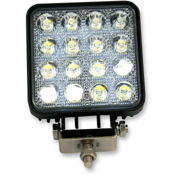 Square black LED spotlight with 16 round bulbs and adjustable metal mounting bracket.