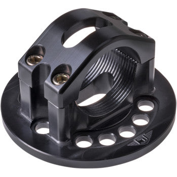 The Gasoline Pack Mount Black 1-3/4" Tube by Joker Machine is a black billet aluminum mount with multiple holes and two hex bolts, designed to secure accessories to a 1-3/4" tube frame.