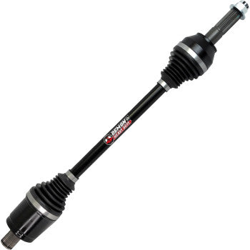 Black heavy-duty Polaris Ranger axle with flexible rubber boots and metal shafts on both ends.