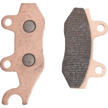 Front and back views of Sintered Brake Pads by All Balls. One side features the flat, textured braking surface for strong stopping power; the other shows the backing plate with two circular indentations and three mounting holes.