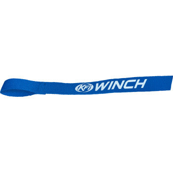 The Hand Saver Winch Blue by Kfi Products is a blue nylon strap with a looped end, featuring the white KFI Winch logo and text—perfect for use with your winch clevis hook or winch cable.