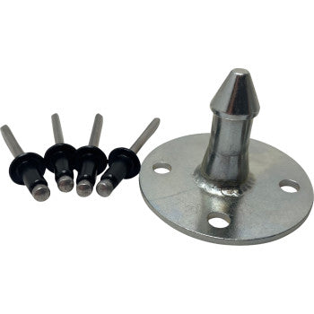 The Polaris Seat Latch Pins by Quad Logic are shown with a round metal fastener and four black rivets—perfect for improving seat stability or securing aluminum latch pins in your seat mechanism.