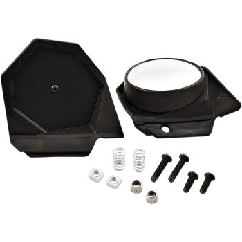 The Sentinel Side View Mirror Round Black Kit by Powermadd includes black plastic motorcycle mirror hardware with a round reflective surface, plus four screws, three nuts, and two metal springs—all shown on a white background.