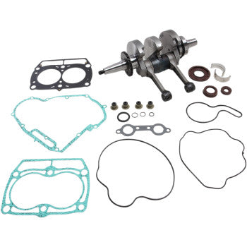 The Polaris OE Crankshaft Replacement Kit by Hot Rods is shown on a white background, displaying the stroker crankshaft, connecting rod, assorted gaskets, seals, bearings, and all necessary components for installation.