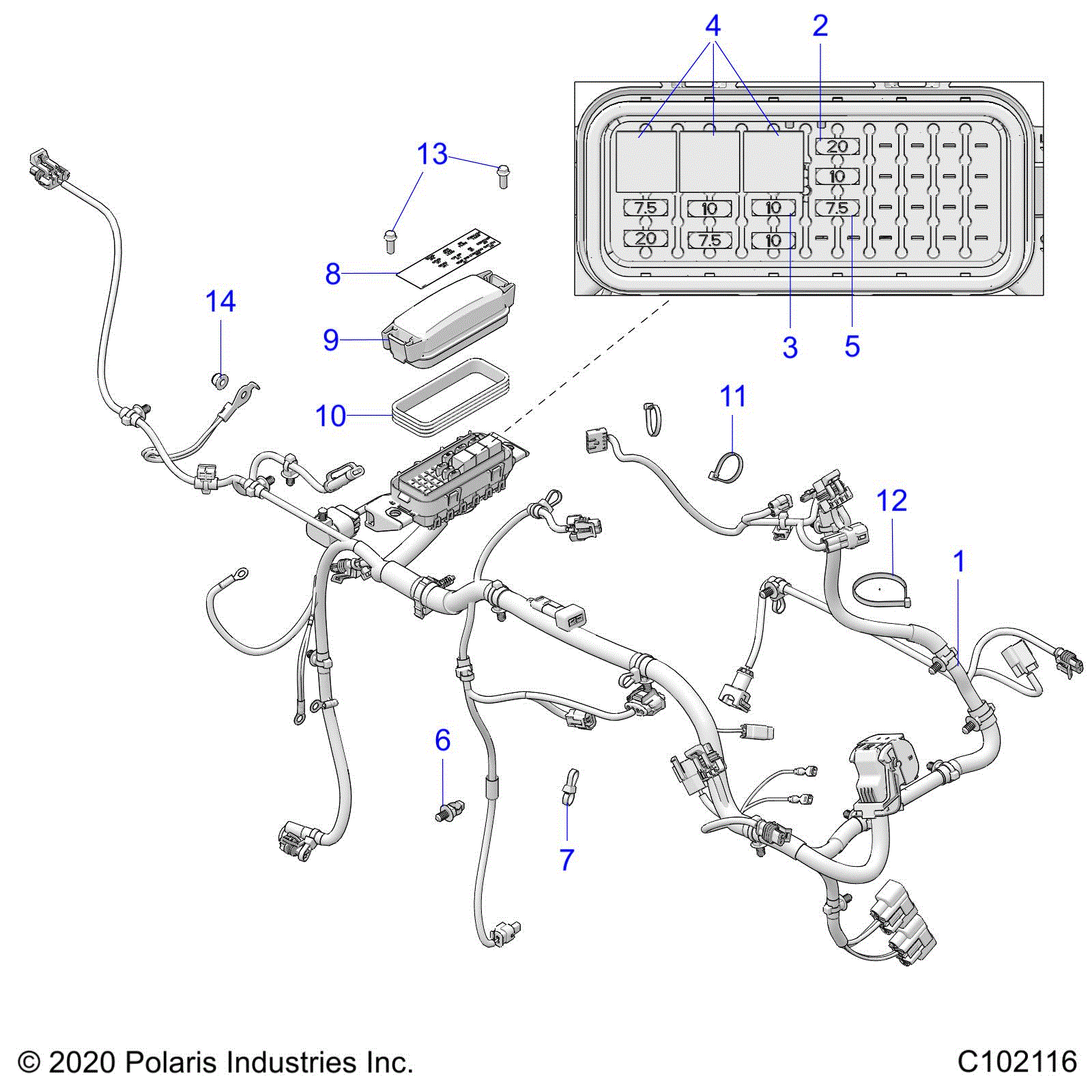 An Image of a Genuine Polaris Parts Schematic Diagram showing the schematic - ELECTRICAL: WIRE HARNESS and FUSES - 2021 POLARIS OUTLAW 70