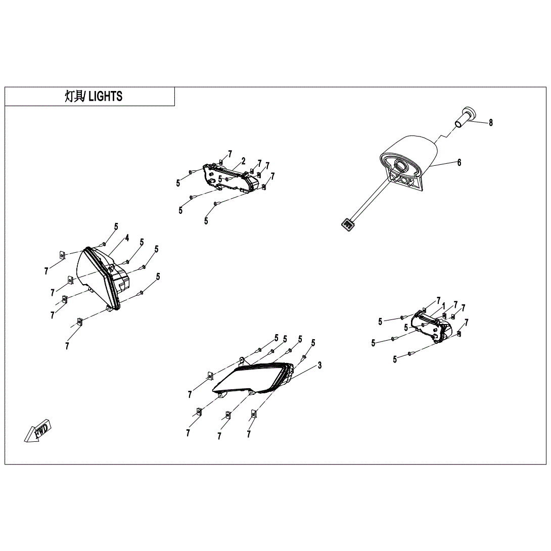 An Image of a genuine CFMOTO Parts Schematic Diagram showing the group - LIGHTS(WITHOUT TURN LIGHT) - 2024 CFMOTO CFORCE 1000