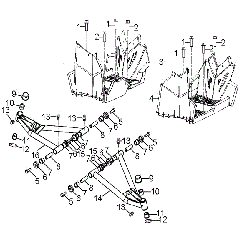 An Image of a Genuine Polaris Parts Schematic Diagram showing the schematic - CHASSIS: A-ARM and FOOTREST - 2025 POLARIS OUTLAW 110