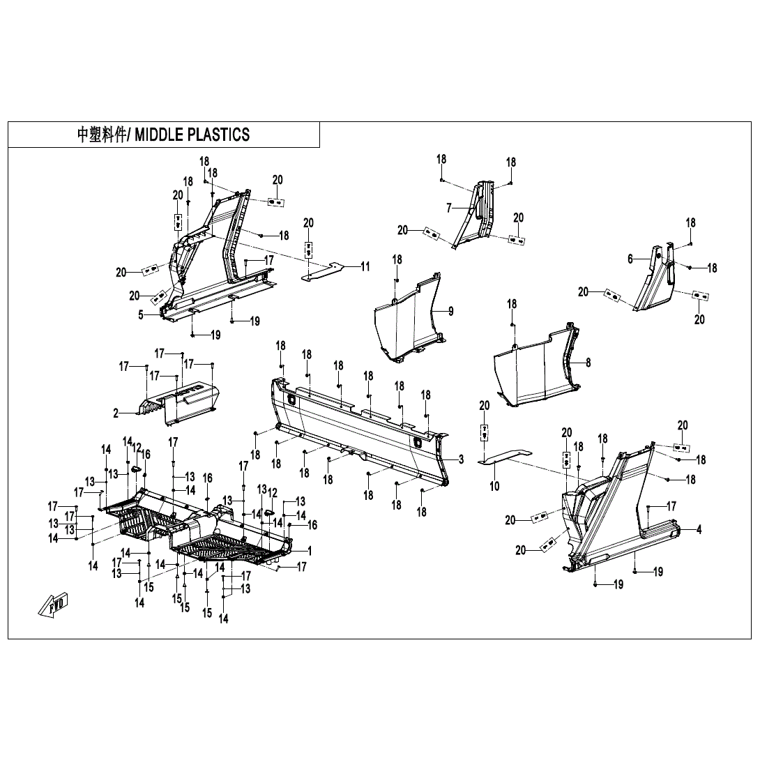 Exploded diagram of CF Moto Front Upper RH Panel, detailing ATV off-road vehicle panel, numbered brackets and fasteners. Assembly instructions in Chinese and English included. Find more parts at Witchdoctors.com.