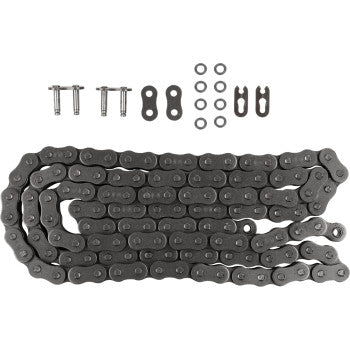The 525 X Ring Series Drive Chain 124 Links by Moose Offroad is shown coiled with connecting links, pins, washers, and clips arranged above it on a white background, highlighting its high-tensile strength.