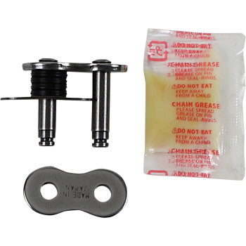 The 530 Max X Connecting Link Clip by RK includes a replacement connecting link with two metal pins, a metal plate, rubber o-rings, and a small sealed packet of chain grease labeled DO NOT EAT.