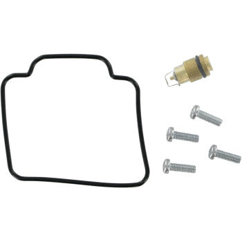 The Yamaha Carburetor Repair Kit by K&L Supply includes a black rubber gasket, brass needle valve with rubber tip, jets, and four silver metal screws, all displayed on a white background.