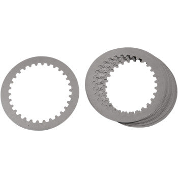 The Clutch Plate Kit Steel by Hinson Racing features thin, round steel plates with notched inner edges, ideal for OEM clutch baskets. Shown are multiple plates stacked together beside a single plate for comparison.