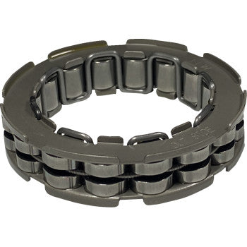 A close-up of the Honda Clutch Bearing One Way by Moose Offroad, a cylindrical metallic cam-clutch bearing with dual roller rows and open sides, engineered for use in machinery or automotive applications.