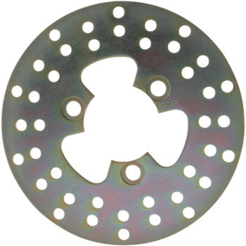 The Honda ATV Brake Rotor by Ebc is a round, metallic disc with multiple holes and three larger cutouts, resembling an OEM carbon steel design to boost rotor and brake pad life.