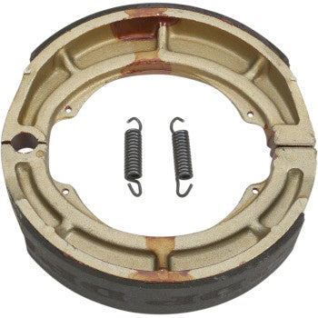 Suzuki Brake Shoes by Dp Brakes: A metallic pair featuring two small coil springs in the center. Designed for fade-free performance, these circular shoes show some rust or discoloration.
