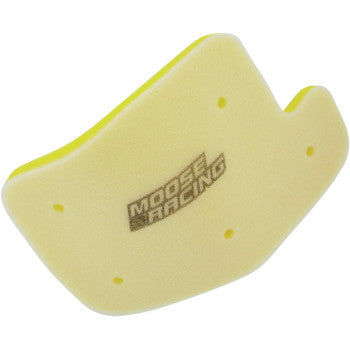 The Arctic Cat Air Filter by Moose Offroad is a yellow and beige foam filter with Moose Racing branding, an irregular shape, multiple small holes, and a no-grease seal for superior protection.