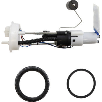 White and black Polaris fuel pump module with metal float arm, wiring, and two black sealing rings.