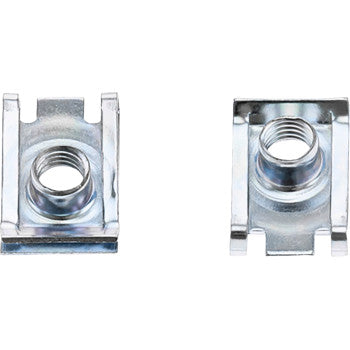 The Clip Nuts European M6 x 1.25 10 Pack by Bolt, made from zinc plated steel with square bases and threaded holes, is shown from different angles on a white background.