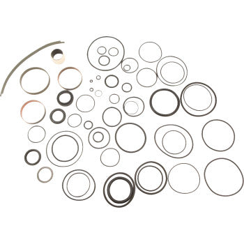 The Complete Rebuild Kit by Hygear Suspension includes various metal rings and gaskets for shock absorber maintenance or shaft replacement, displayed on a white background with overlapping thin and thick rings in an organized pattern.
